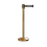 Retractable Belt Barrier Stanchion, Sloped Base, Satin Brass Post, 9 ft Belt - Montour Line M530 - Crowd Control Warehouse