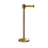 Retractable Belt Barrier Stanchion, Sloped Base, Satin Brass Post, 9 ft Belt - Montour Line M530 - Crowd Control Warehouse