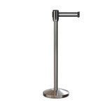 Retractable Belt Barrier Stanchion, Sloped Base, Satin Stainless Steel Post, 13 ft Belt - Montour Line M530 - Crowd Control Warehouse