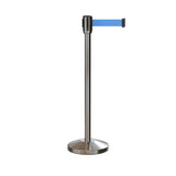 Retractable Belt Barrier Stanchion, Sloped Base, Satin Stainless Steel Post, 13 ft Belt - Montour Line M530 - Crowd Control Warehouse