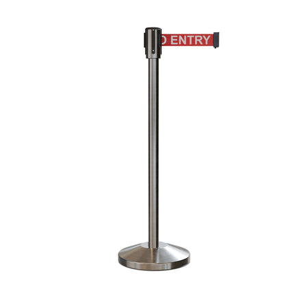 Retractable Belt Barrier Stanchion, Sloped Base, Satin Stainless Steel Post, 7.5 ft Belt - Montour Line M530 - Crowd Control Warehouse