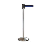 Retractable Belt Barrier Stanchion, Sloped Base, Satin Stainless Steel Post, 7.5 ft Belt - Montour Line M530 - Crowd Control Warehouse