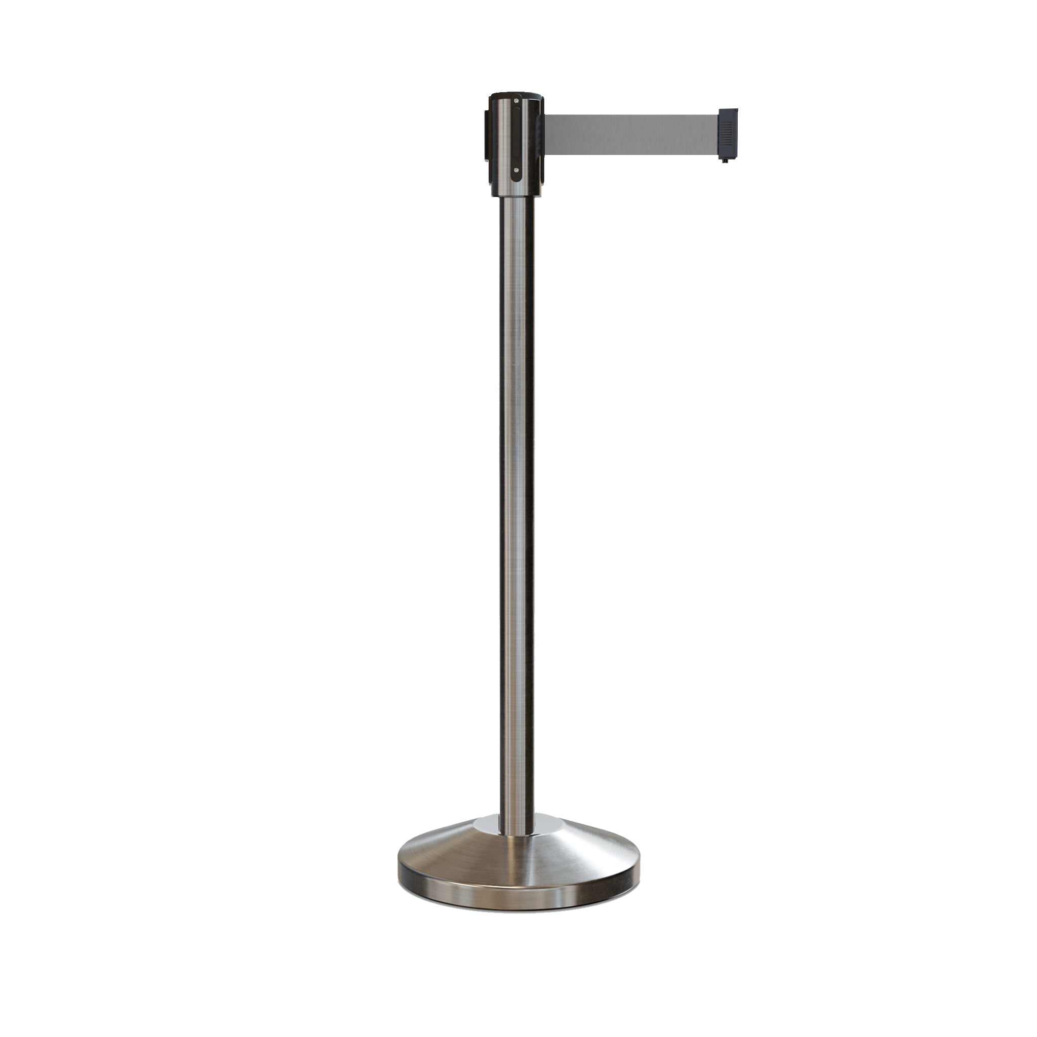 Retractable Belt Barrier Stanchion, Sloped Base, Satin Stainless Steel Post, 7.5 ft Belt - Montour Line M530 - Crowd Control Warehouse