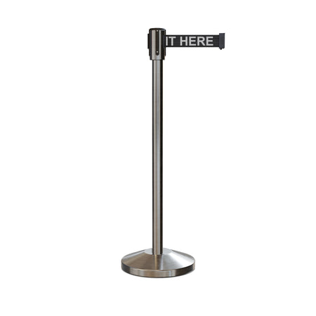 Retractable Belt Barrier Stanchion, Sloped Base, Satin Stainless Steel Post, 7.5 ft Belt - Montour Line M530 - Crowd Control Warehouse