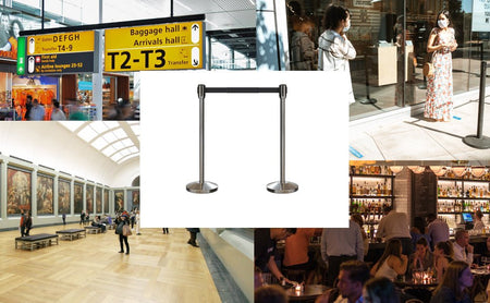 Retractable Belt Barrier Stanchion, Sloped Base, Satin Stainless Steel Post, 7.5 ft Belt - Montour Line M530 - Crowd Control Warehouse