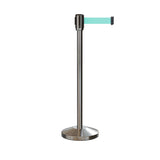 Retractable Belt Barrier Stanchion, Sloped Base, Satin Stainless Steel Post, 7.5 ft Belt - Montour Line M530 - Crowd Control Warehouse