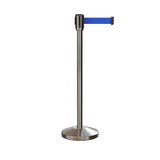 Retractable Belt Barrier Stanchion, Sloped Base, Satin Stainless Steel Post, 7.5 ft Belt - Montour Line M530 - Crowd Control Warehouse