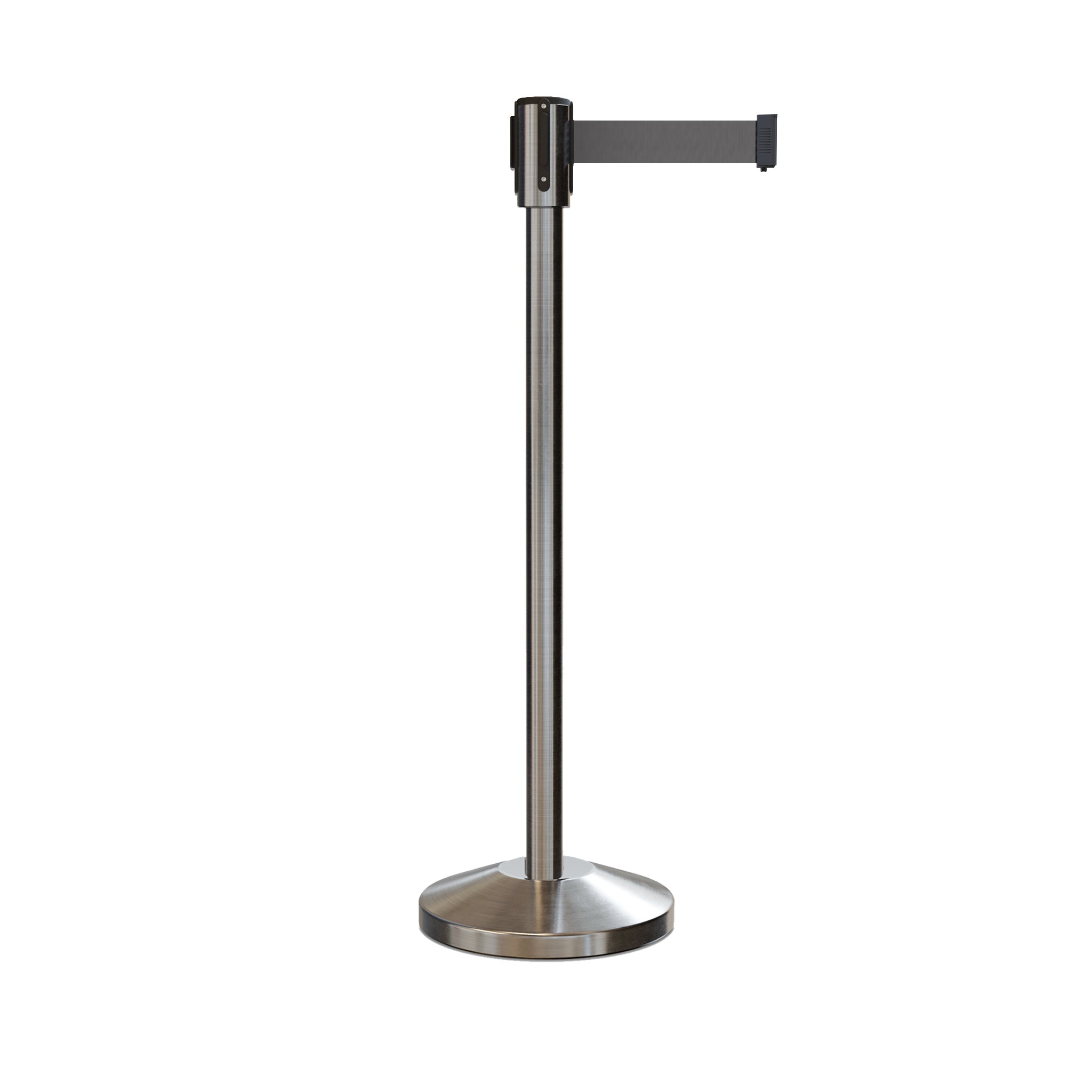 Retractable Belt Barrier Stanchion, Sloped Base, Satin Stainless Steel Post, 7.5 ft Belt - Montour Line M530 - Crowd Control Warehouse