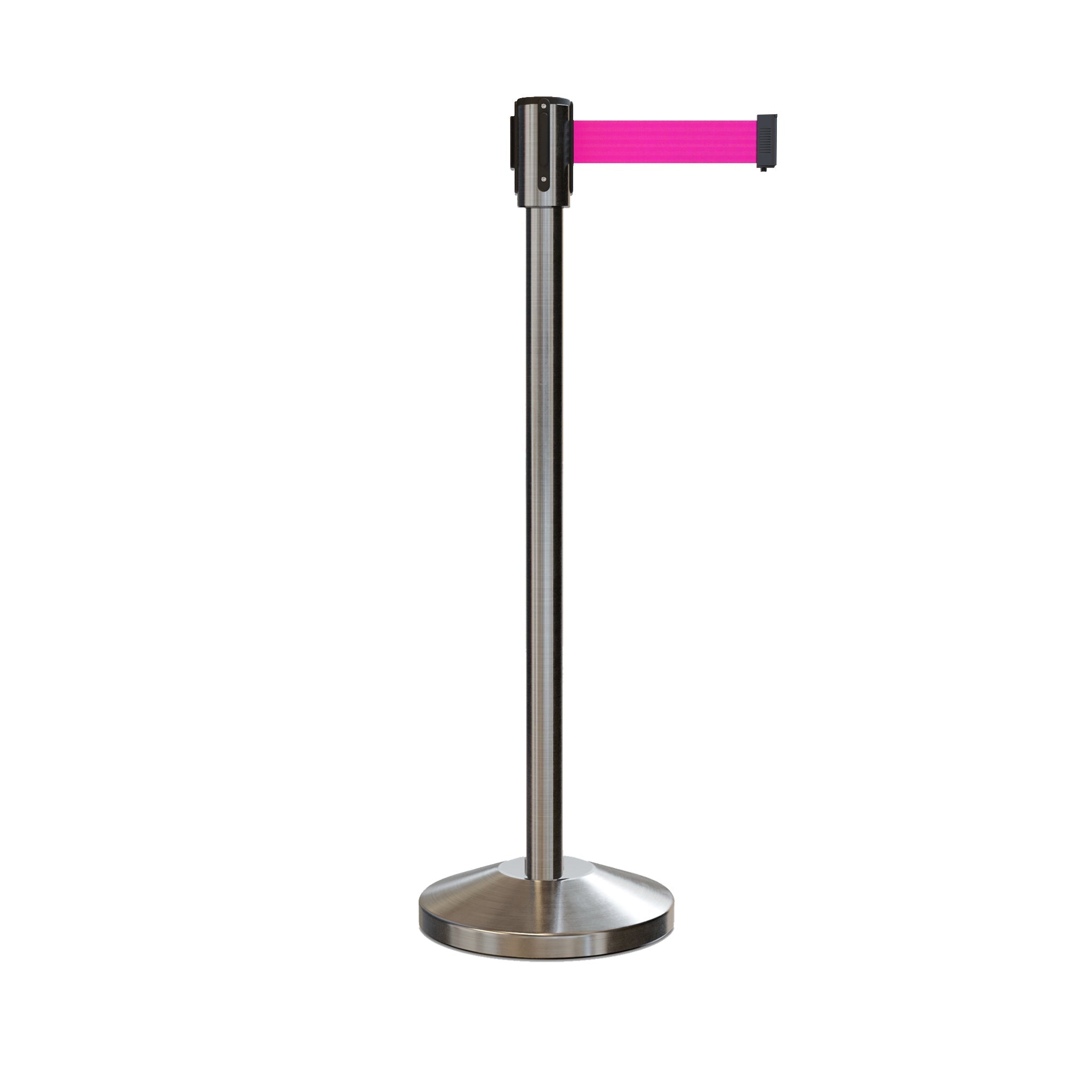 Retractable Belt Barrier Stanchion, Sloped Base, Satin Stainless Steel Post, 7.5 ft Belt - Montour Line M530 - Crowd Control Warehouse