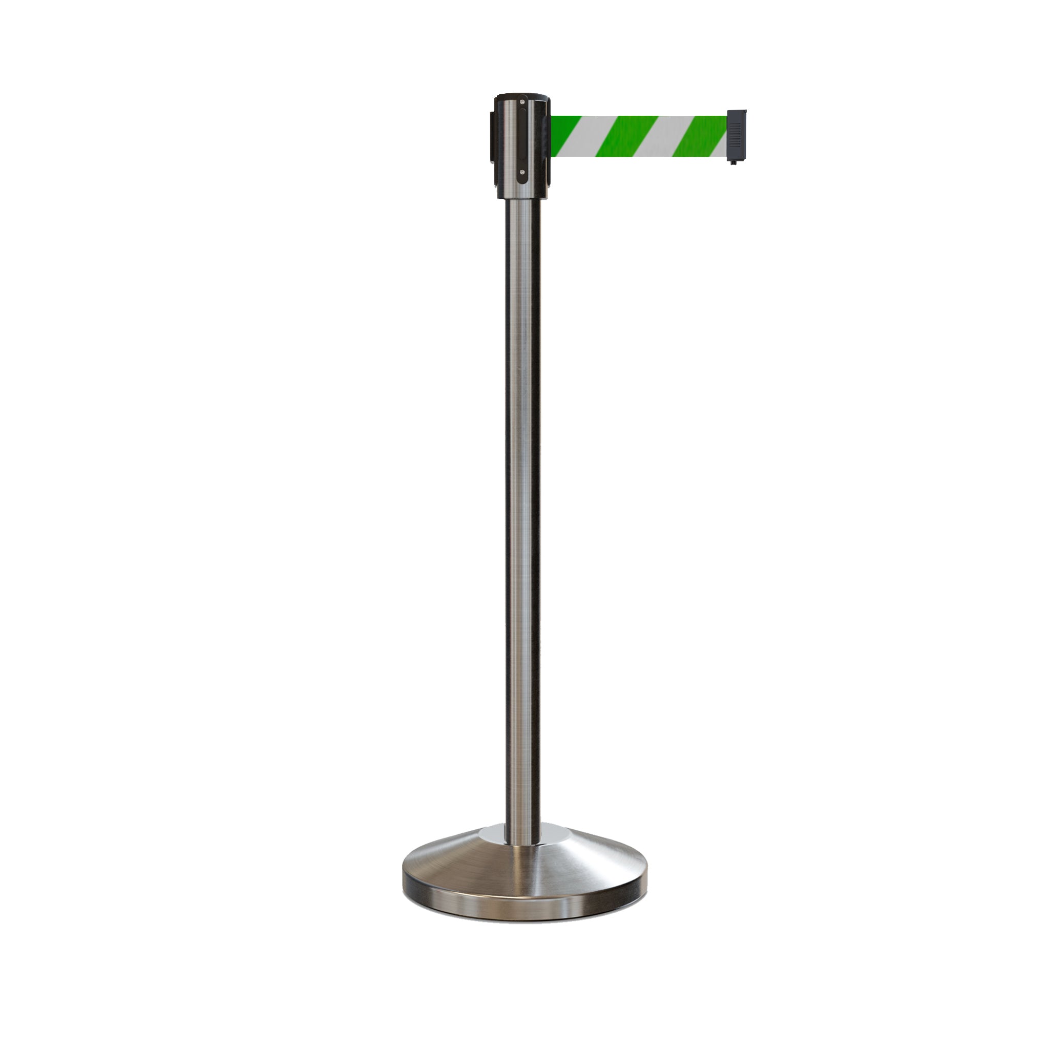 Retractable Belt Barrier Stanchion, Sloped Base, Satin Stainless Steel Post, 7.5 ft Belt - Montour Line M530 - Crowd Control Warehouse