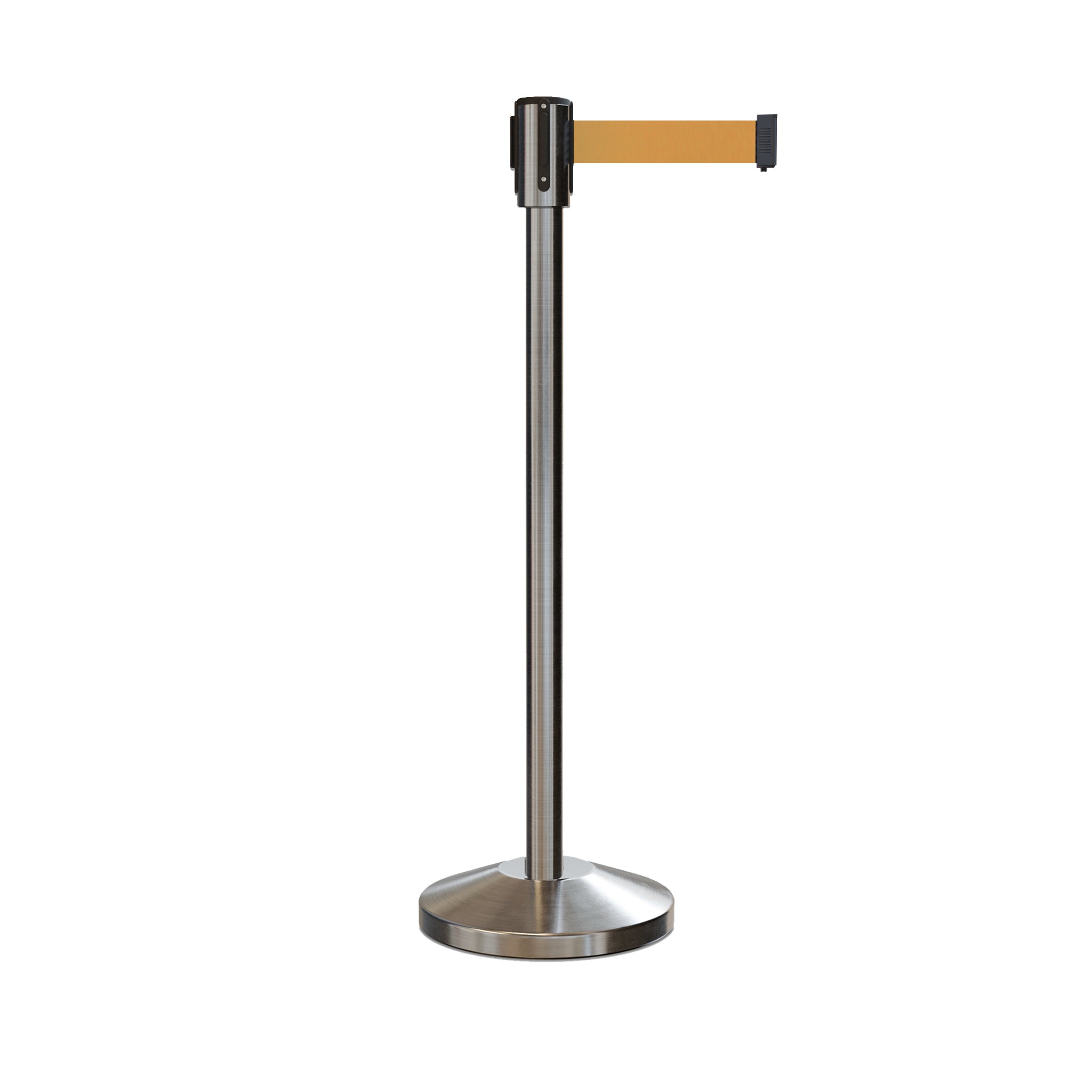 Retractable Belt Barrier Stanchion, Sloped Base, Satin Stainless Steel Post, 7.5 ft Belt - Montour Line M530 - Crowd Control Warehouse