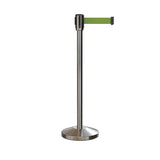 Retractable Belt Barrier Stanchion, Sloped Base, Satin Stainless Steel Post, 7.5 ft Belt - Montour Line M530 - Crowd Control Warehouse