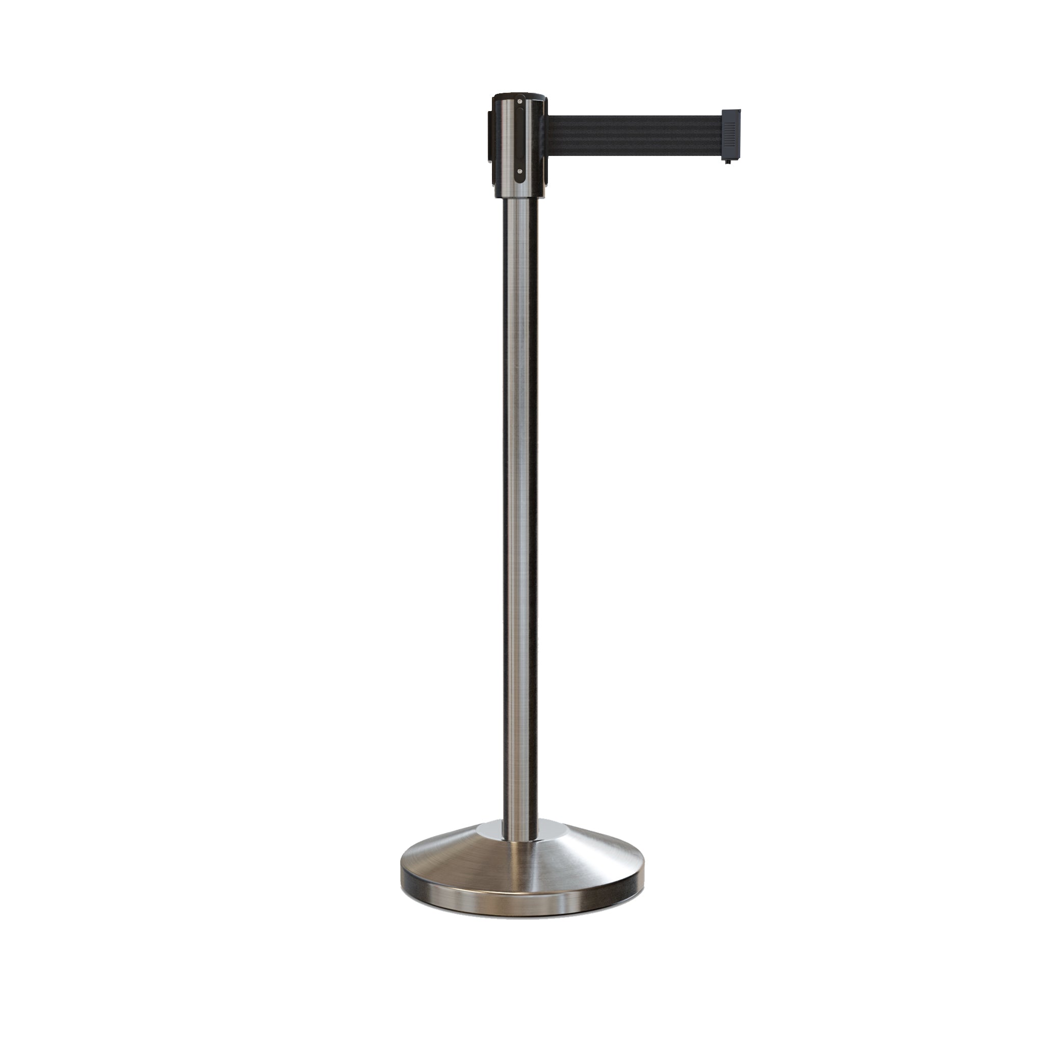 Retractable Belt Barrier Stanchion, Sloped Base, Satin Stainless Steel Post, 7.5 ft Belt - Montour Line M530 - Crowd Control Warehouse