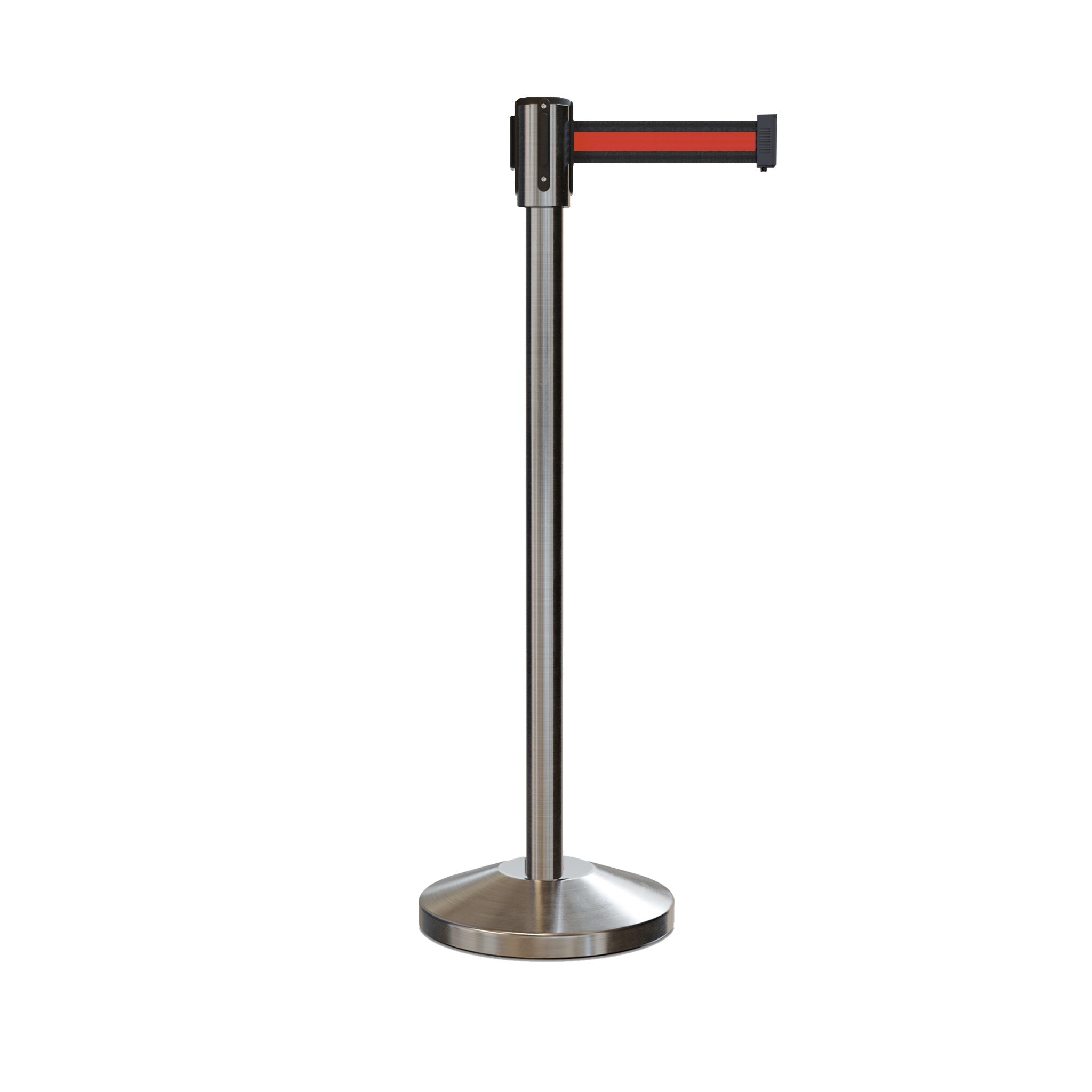 Retractable Belt Barrier Stanchion, Sloped Base, Satin Stainless Steel Post, 7.5 ft Belt - Montour Line M530 - Crowd Control Warehouse