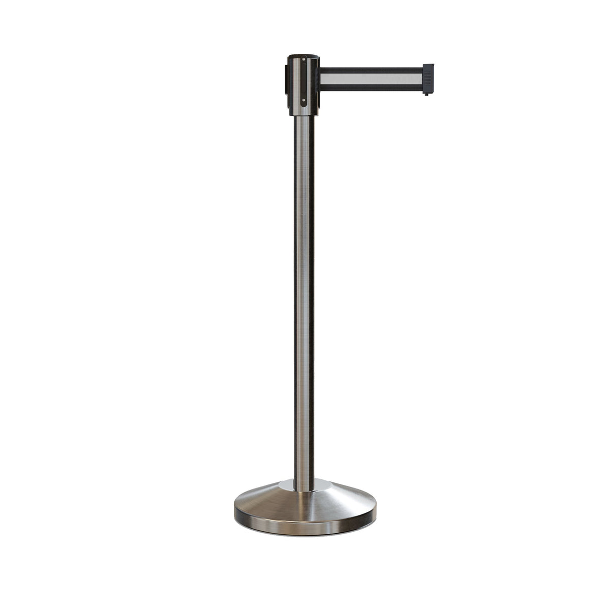 Retractable Belt Barrier Stanchion, Sloped Base, Satin Stainless Steel Post, 7.5 ft Belt - Montour Line M530 - Crowd Control Warehouse