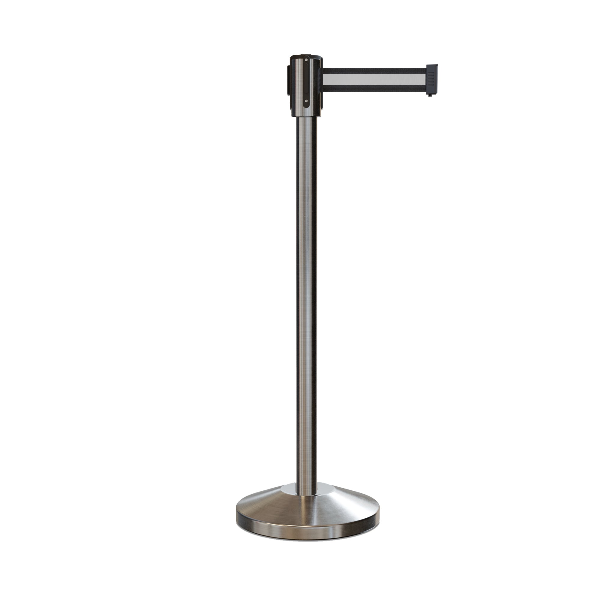 Retractable Belt Barrier Stanchion, Sloped Base, Satin Stainless Steel Post, 7.5 ft Belt - Montour Line M530 - Crowd Control Warehouse