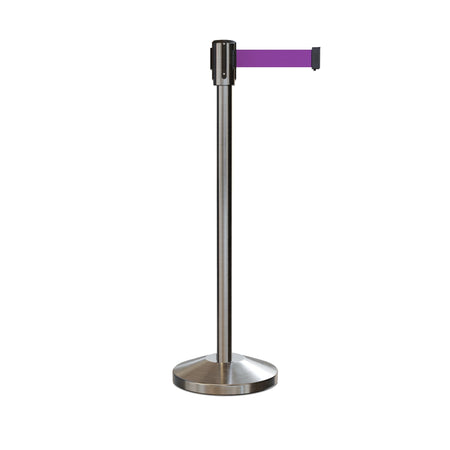 Retractable Belt Barrier Stanchion, Sloped Base, Satin Stainless Steel Post, 7.5 ft Belt - Montour Line M530 - Crowd Control Warehouse