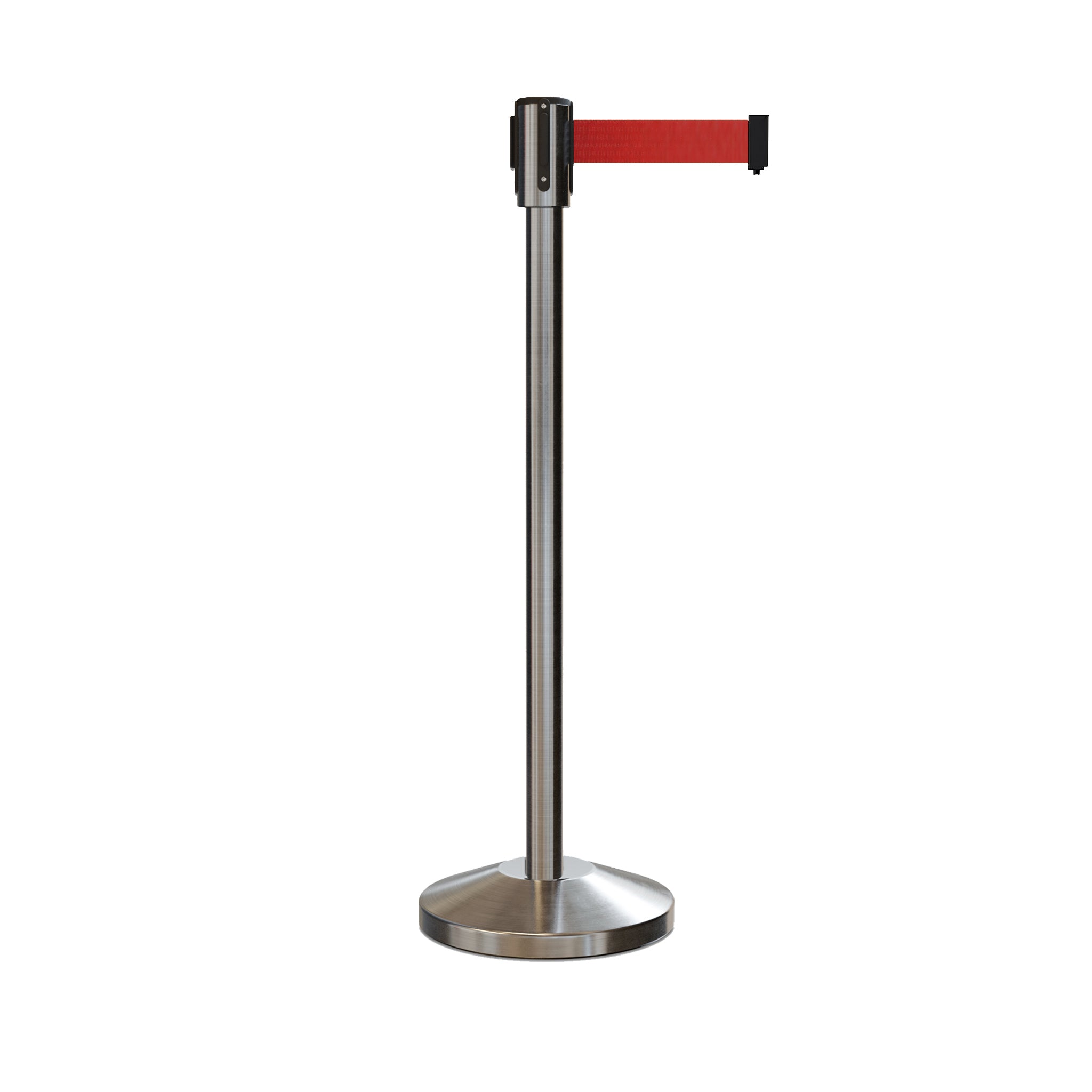 Retractable Belt Barrier Stanchion, Sloped Base, Satin Stainless Steel Post, 9 ft Belt - Montour Line M530 - Crowd Control Warehouse