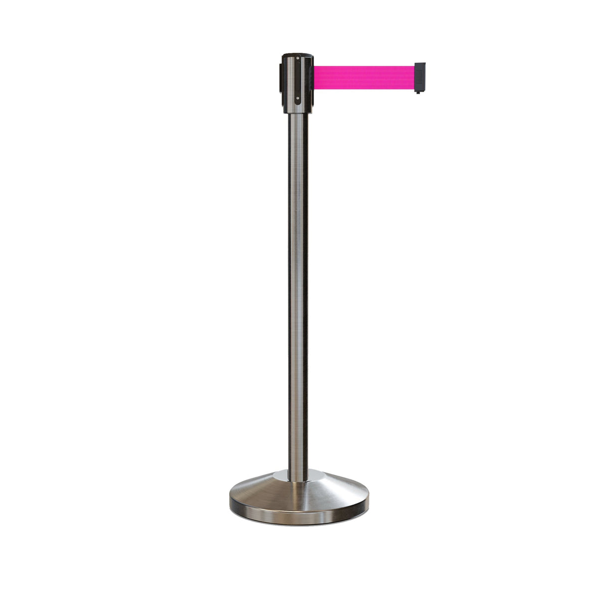 Retractable Belt Barrier Stanchion, Sloped Base, Satin Stainless Steel Post, 9 ft Belt - Montour Line M530 - Crowd Control Warehouse
