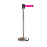 Retractable Belt Barrier Stanchion, Sloped Base, Satin Stainless Steel Post, 9 ft Belt - Montour Line M530 - Crowd Control Warehouse