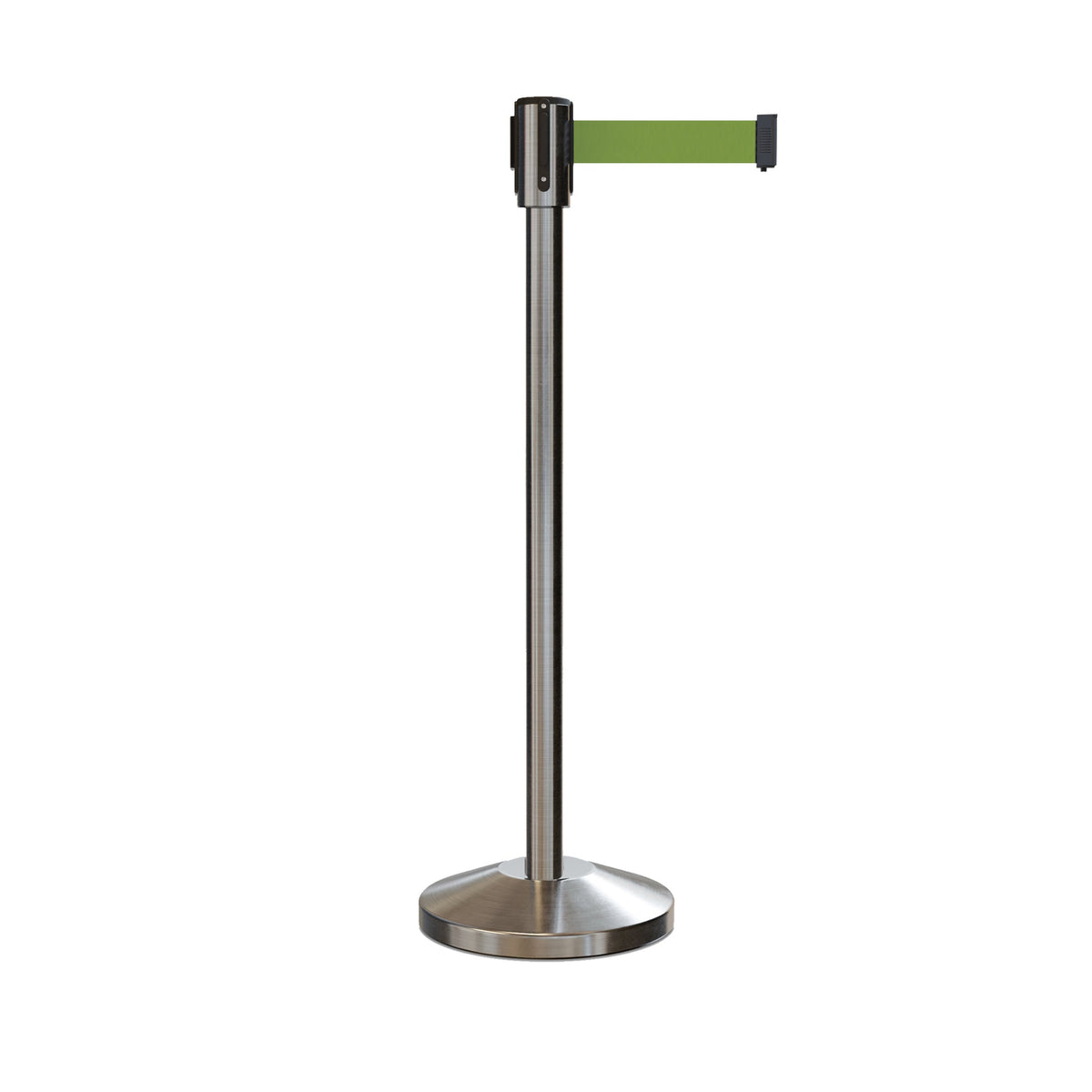 Retractable Belt Barrier Stanchion, Sloped Base, Satin Stainless Steel Post, 9 ft Belt - Montour Line M530 - Crowd Control Warehouse