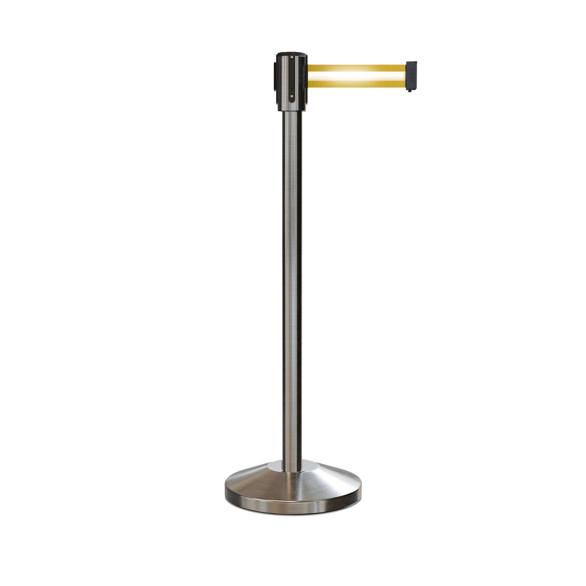 Retractable Belt Barrier Stanchion, Sloped Base, Satin Stainless Steel Post, 9 ft Belt - Montour Line M530 - Crowd Control Warehouse