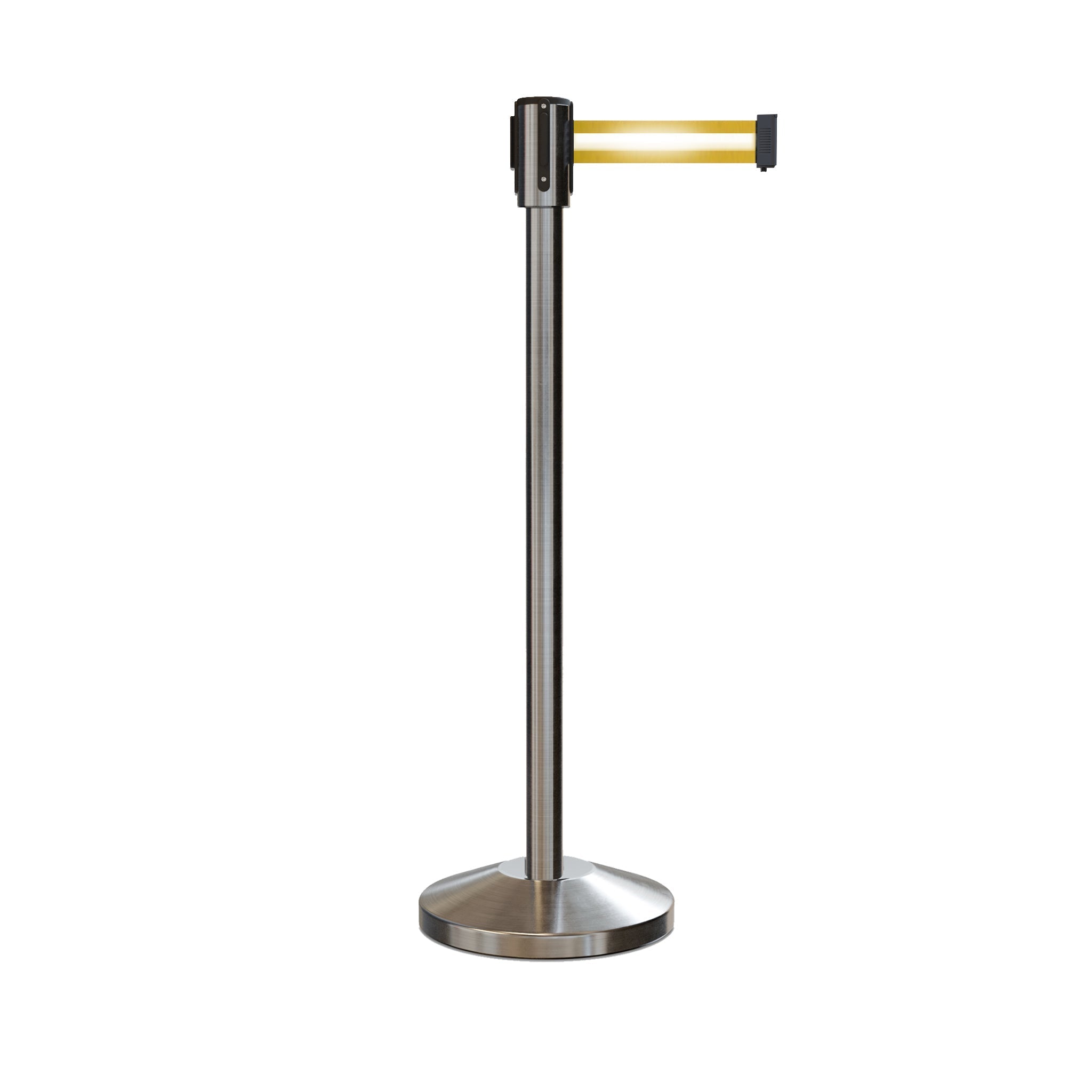Retractable Belt Barrier Stanchion, Sloped Base, Satin Stainless Steel Post, 9 ft Belt - Montour Line M530 - Crowd Control Warehouse