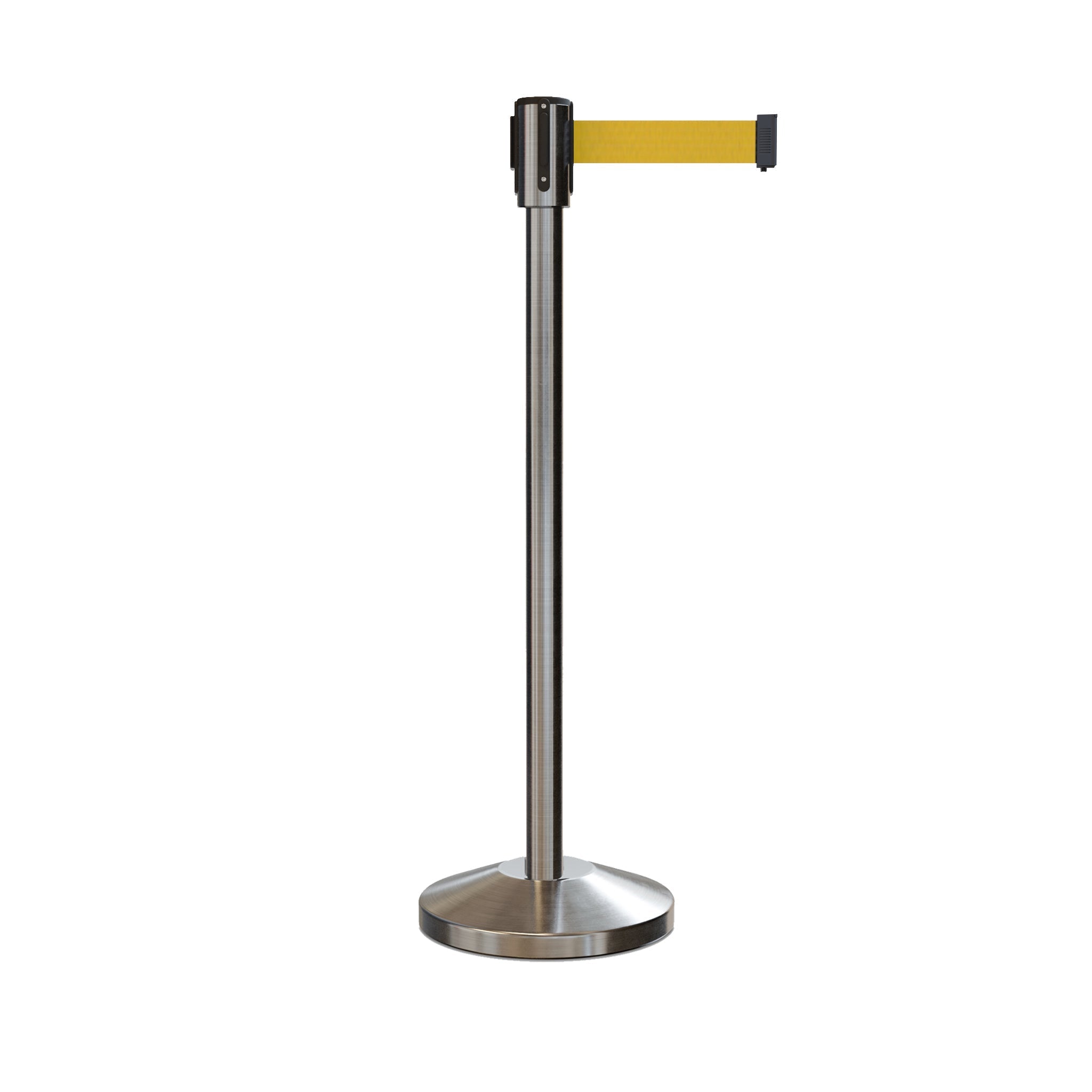 Retractable Belt Barrier Stanchion, Sloped Base, Satin Stainless Steel Post, 9 ft Belt - Montour Line M530 - Crowd Control Warehouse