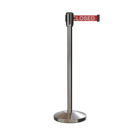Retractable Belt Barrier Stanchion, Sloped Base, Satin Stainless Steel Post, 9 ft Belt - Montour Line M530 - Crowd Control Warehouse