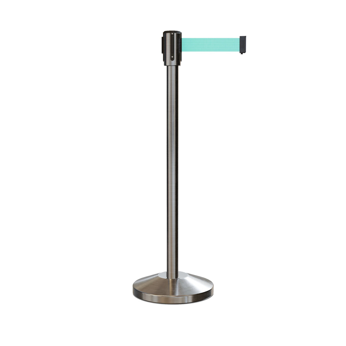 Retractable Belt Barrier Stanchion, Sloped Base, Satin Stainless Steel Post, 9 ft Belt - Montour Line M530 - Crowd Control Warehouse