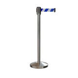 Retractable Belt Barrier Stanchion, Sloped Base, Satin Stainless Steel Post, 9 ft Belt - Montour Line M530 - Crowd Control Warehouse
