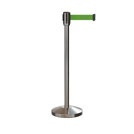 Retractable Belt Barrier Stanchion, Sloped Base, Satin Stainless Steel Post, 9 ft Belt - Montour Line M530 - Crowd Control Warehouse