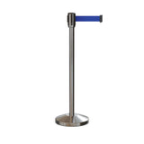 Retractable Belt Barrier Stanchion, Sloped Base, Satin Stainless Steel Post, 9 ft Belt - Montour Line M530 - Crowd Control Warehouse