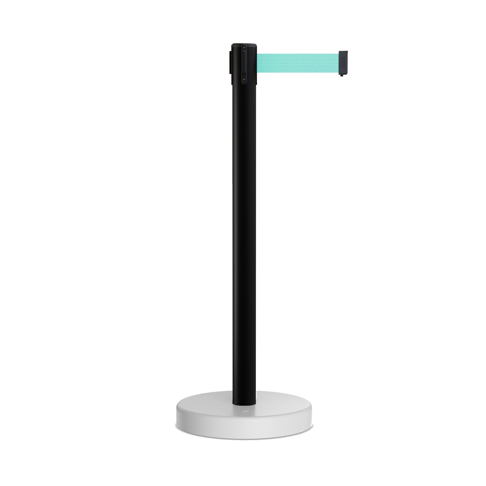 Retractable Belt Barrier Stanchion, Water Fillable Base, Black PVC Plastic Post, 11 Ft Belt - Montour Line MH630 - Crowd Control Warehouse