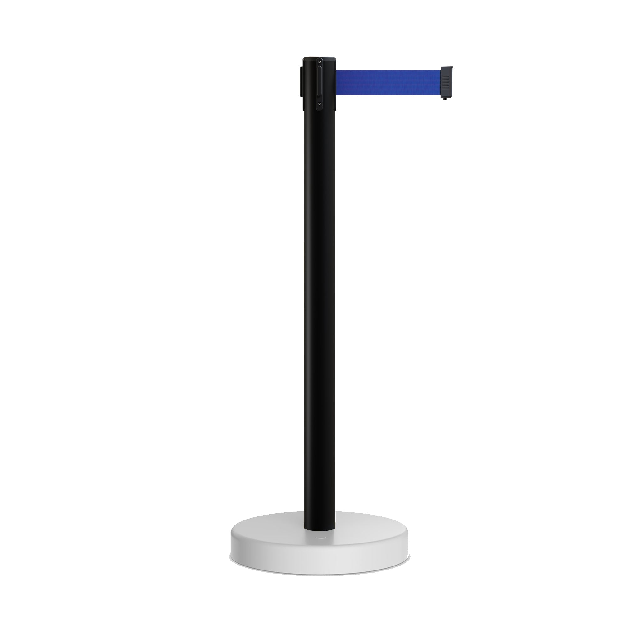 Retractable Belt Barrier Stanchion, Water Fillable Base, Black PVC Plastic Post, 7.5 Ft. Belt - Montour Line MH630 - Crowd Control Warehouse
