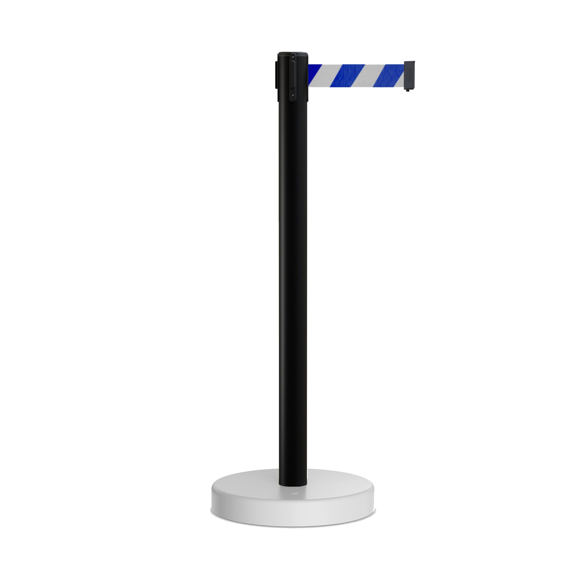 Retractable Belt Barrier Stanchion, Water Fillable Base, Black PVC Plastic Post, 9 Ft. Belt - Montour Line MH630 - Crowd Control Warehouse