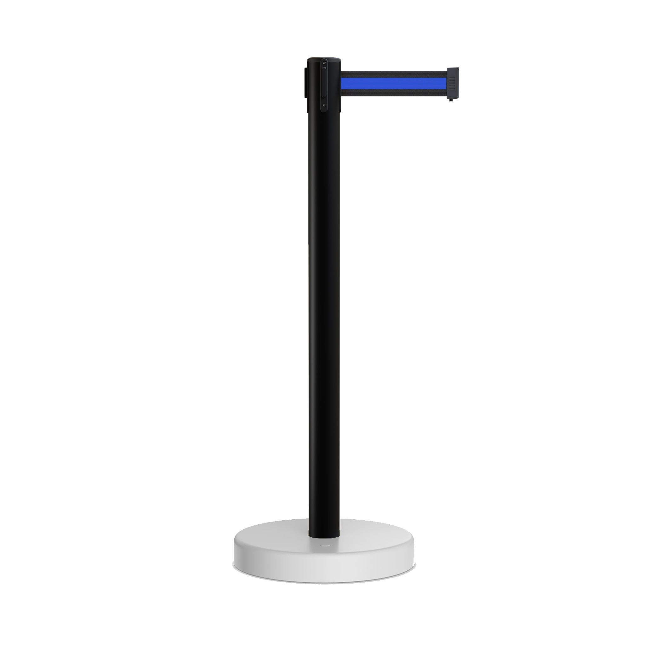 Retractable Belt Barrier Stanchion, Water Fillable Base, Black PVC Plastic Post, 9 Ft. Belt - Montour Line MH630 - Crowd Control Warehouse
