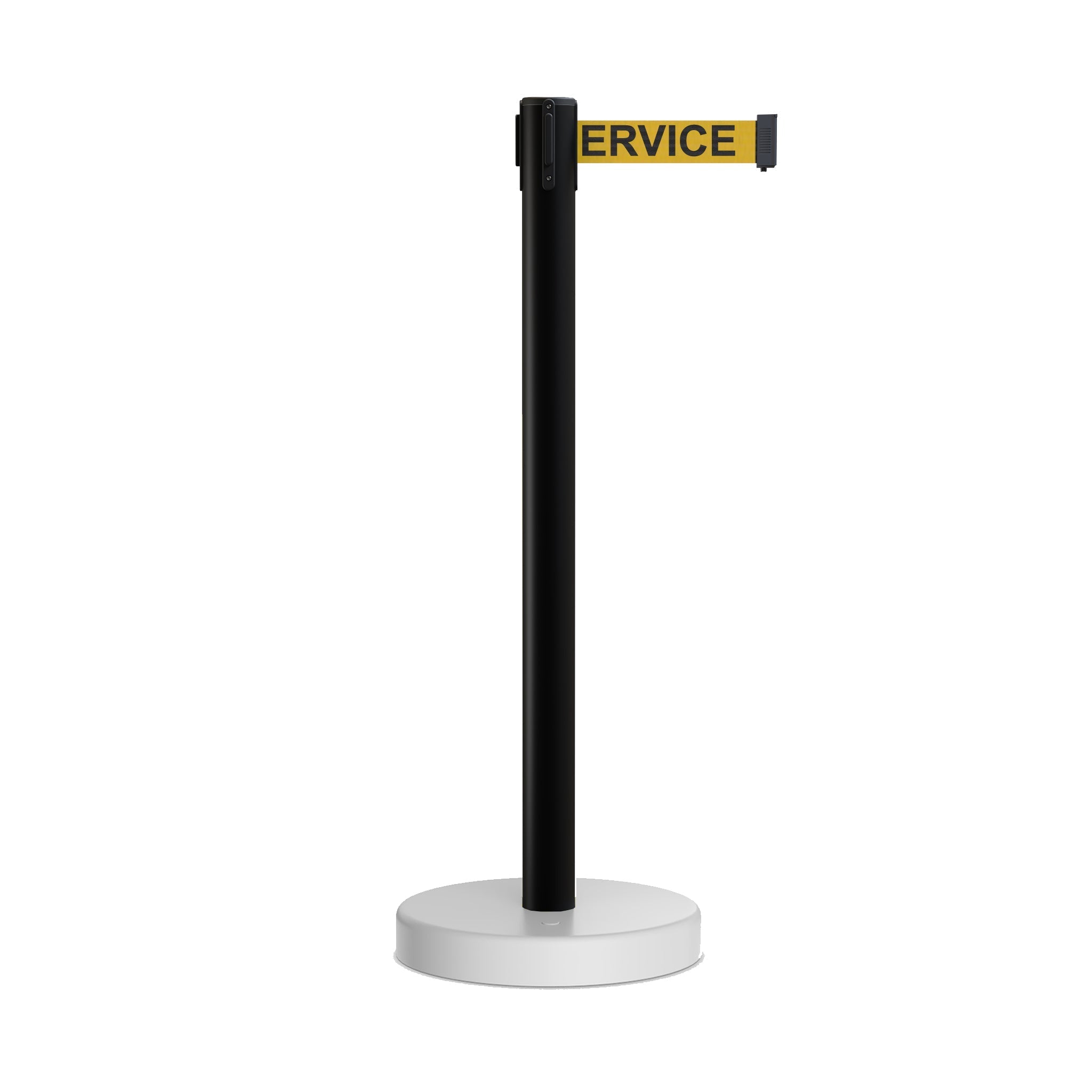 Retractable Belt Barrier Stanchion, Water Fillable Base, Black PVC Plastic Post, 9 Ft. Belt - Montour Line MH630 - Crowd Control Warehouse