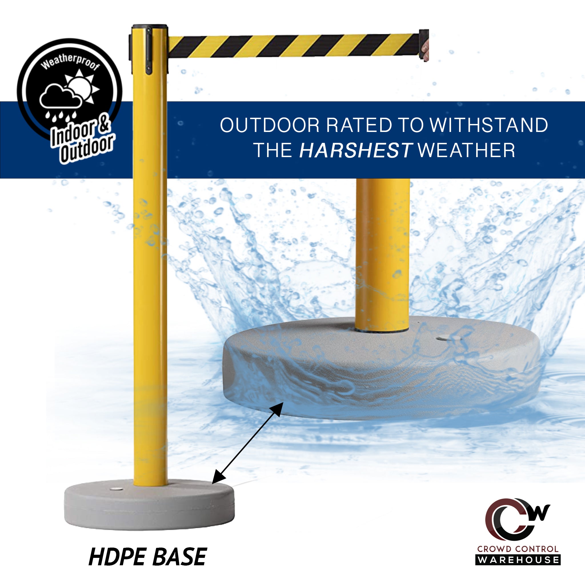 Retractable Belt Barrier Stanchion, Water Fillable Base, Yellow PVC Plastic Post, 11 Ft Belt - Montour Line MSH630 - Crowd Control Warehouse