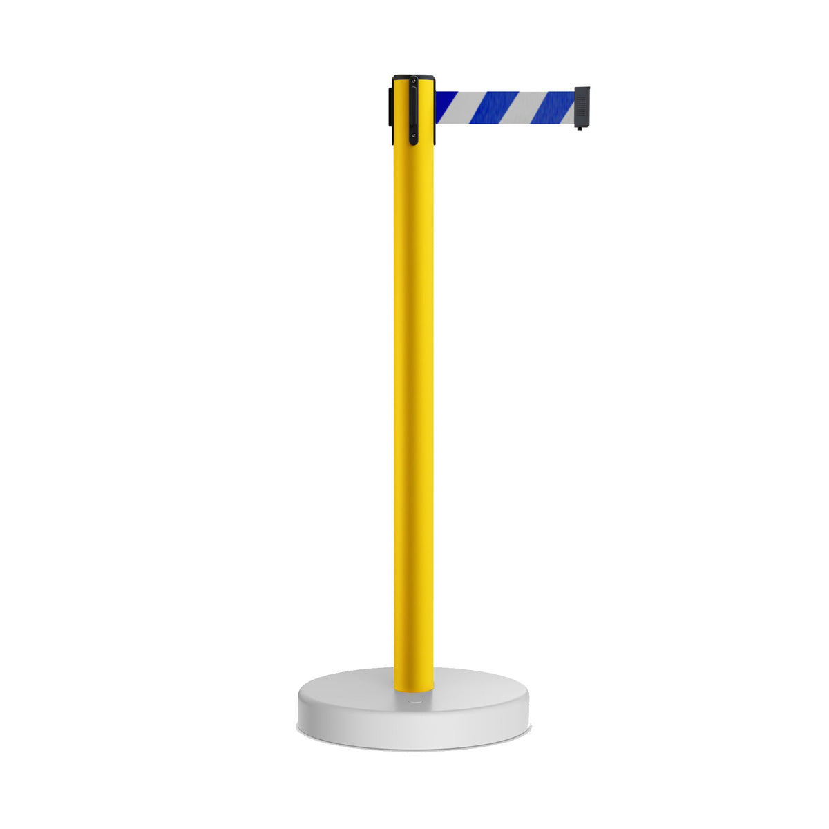 Retractable Belt Barrier Stanchion, Water Fillable Base, Yellow PVC Plastic Post, 11 Ft Belt - Montour Line MSH630 - Crowd Control Warehouse