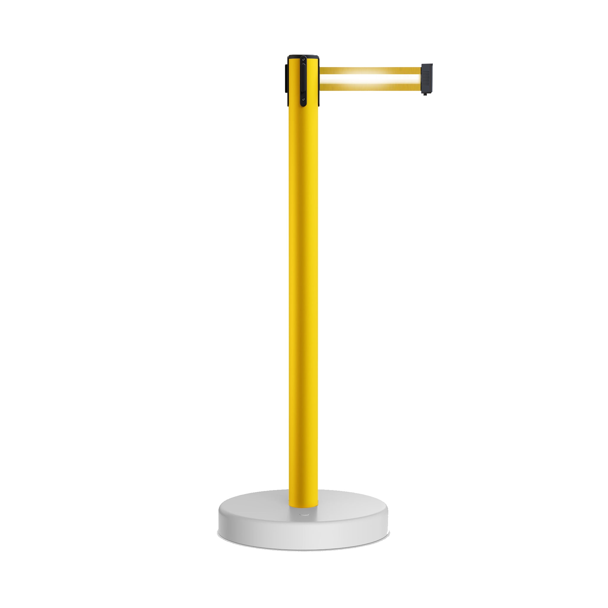 Retractable Belt Barrier Stanchion, Water Fillable Base, Yellow PVC Plastic Post, 13 Ft Belt - Montour Line MSH630 - Crowd Control Warehouse