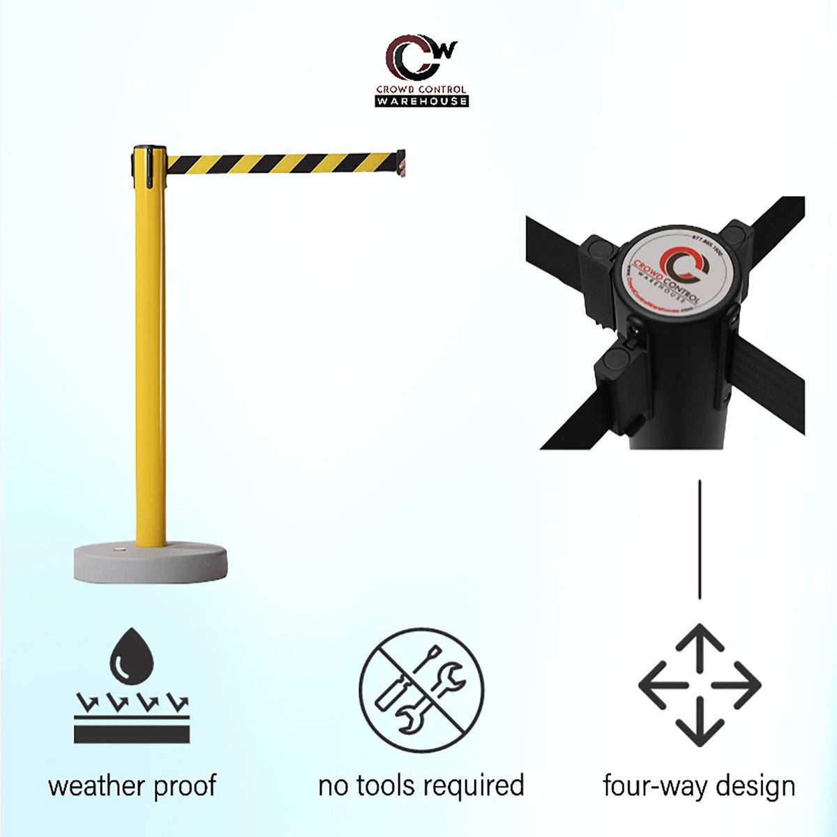 Retractable Belt Barrier Stanchion, Water Fillable Base, Yellow PVC Plastic Post, 13 Ft Belt - Montour Line MSH630 - Crowd Control Warehouse