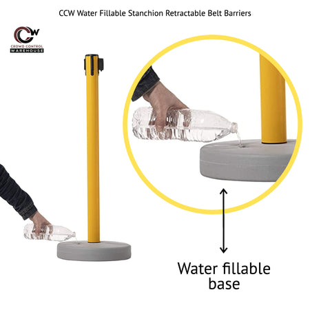Retractable Belt Barrier Stanchion, Water Fillable Base, Yellow PVC Plastic Post, 13 Ft Belt - Montour Line MSH630 - Crowd Control Warehouse