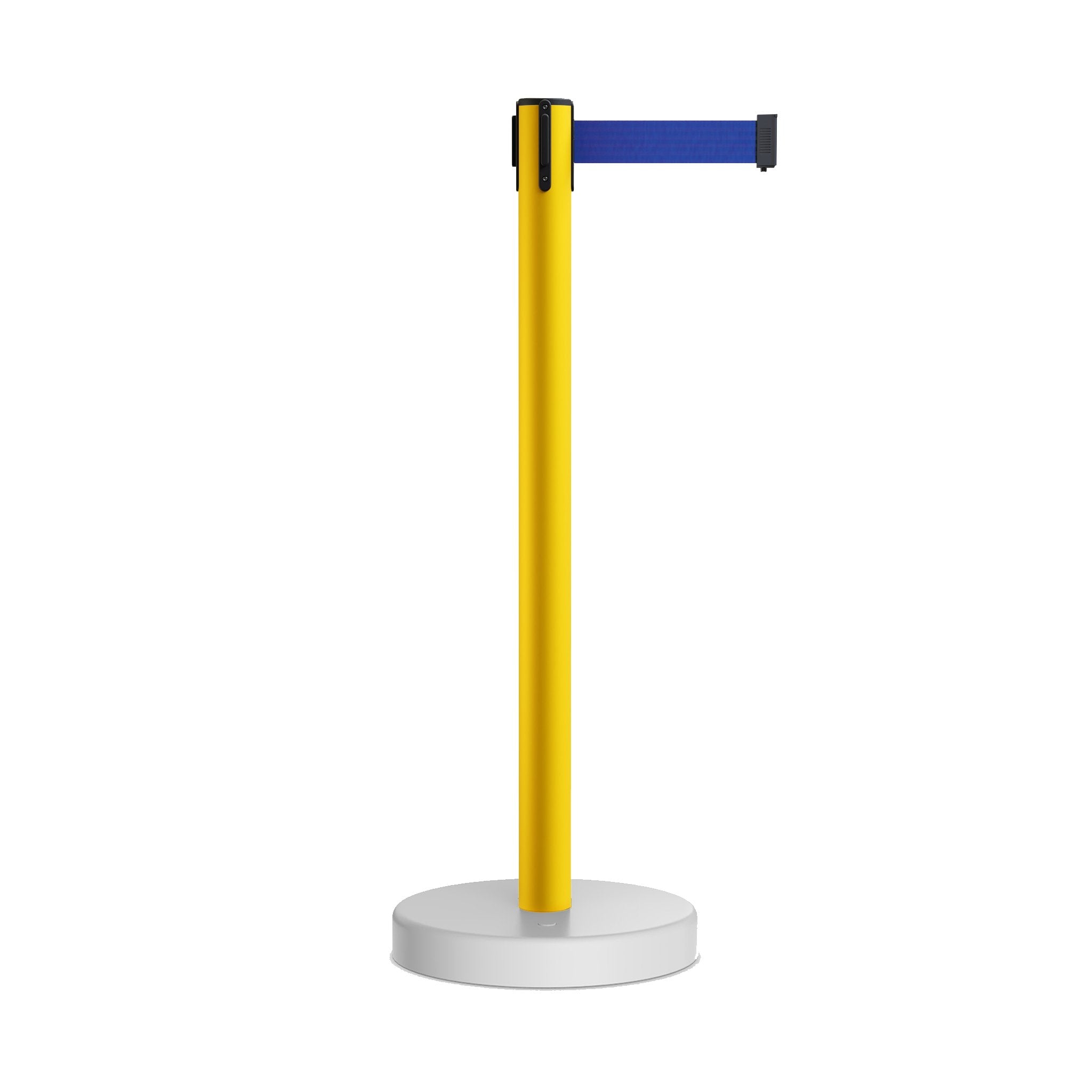 Retractable Belt Barrier Stanchion, Water Fillable Base, Yellow PVC Plastic Post, 13 Ft Belt - Montour Line MSH630 - Crowd Control Warehouse