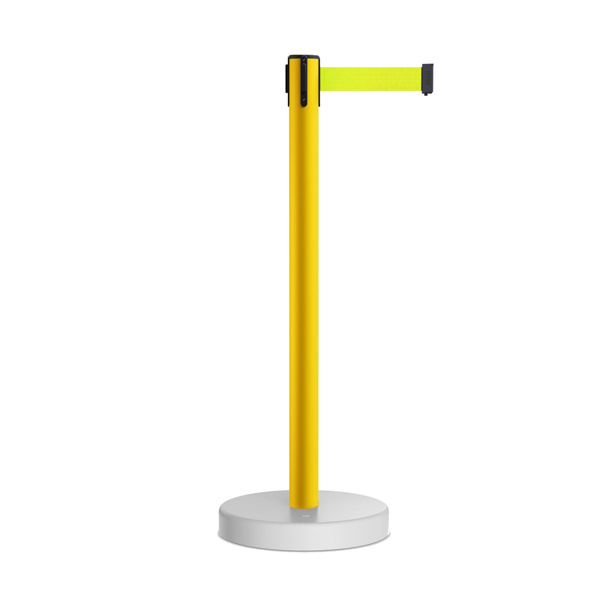 Retractable Belt Barrier Stanchion, Water Fillable Base, Yellow PVC Plastic Post, 7.5 Ft Belt - Montour Line MSH630 - Crowd Control Warehouse