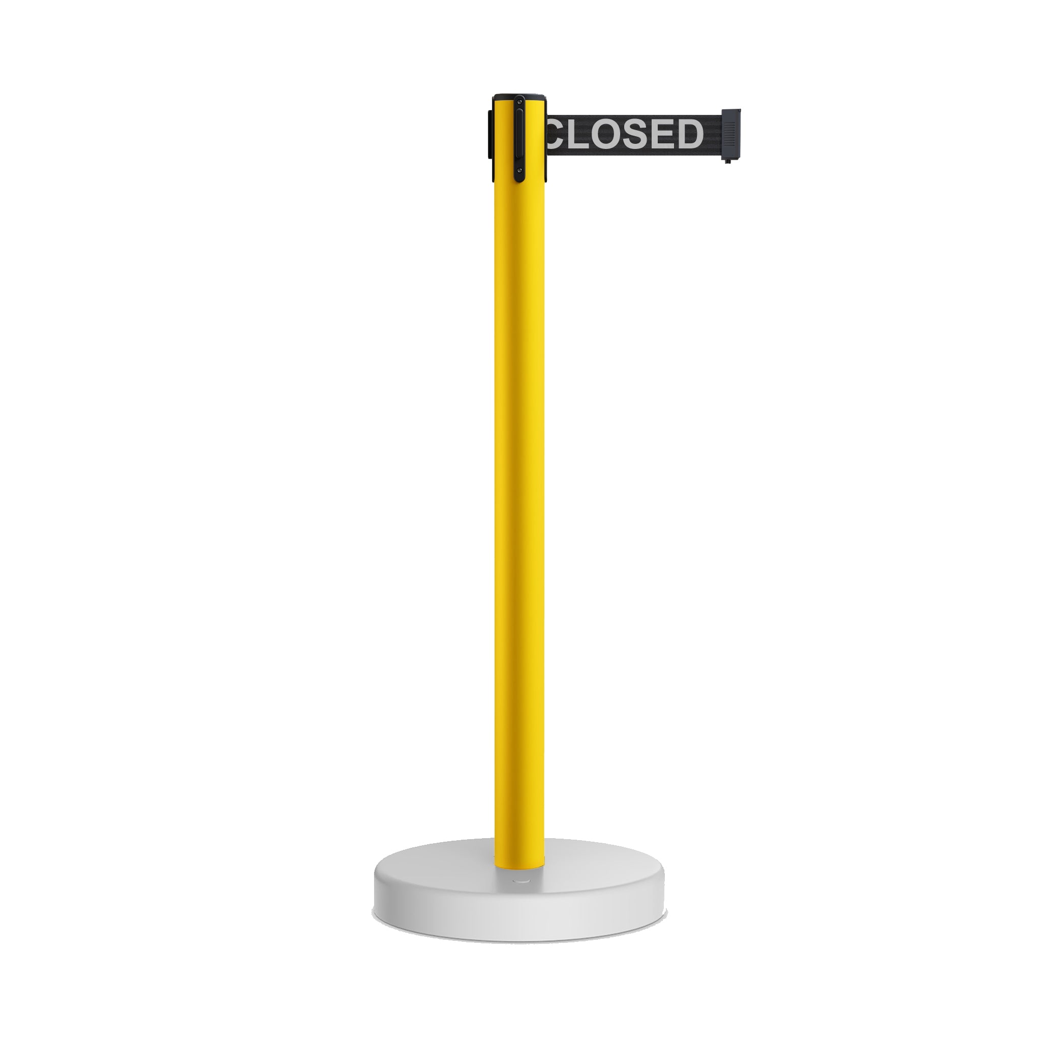 Retractable Belt Barrier Stanchion, Water Fillable Base, Yellow PVC Plastic Post, 7.5 Ft Belt - Montour Line MSH630 - Crowd Control Warehouse