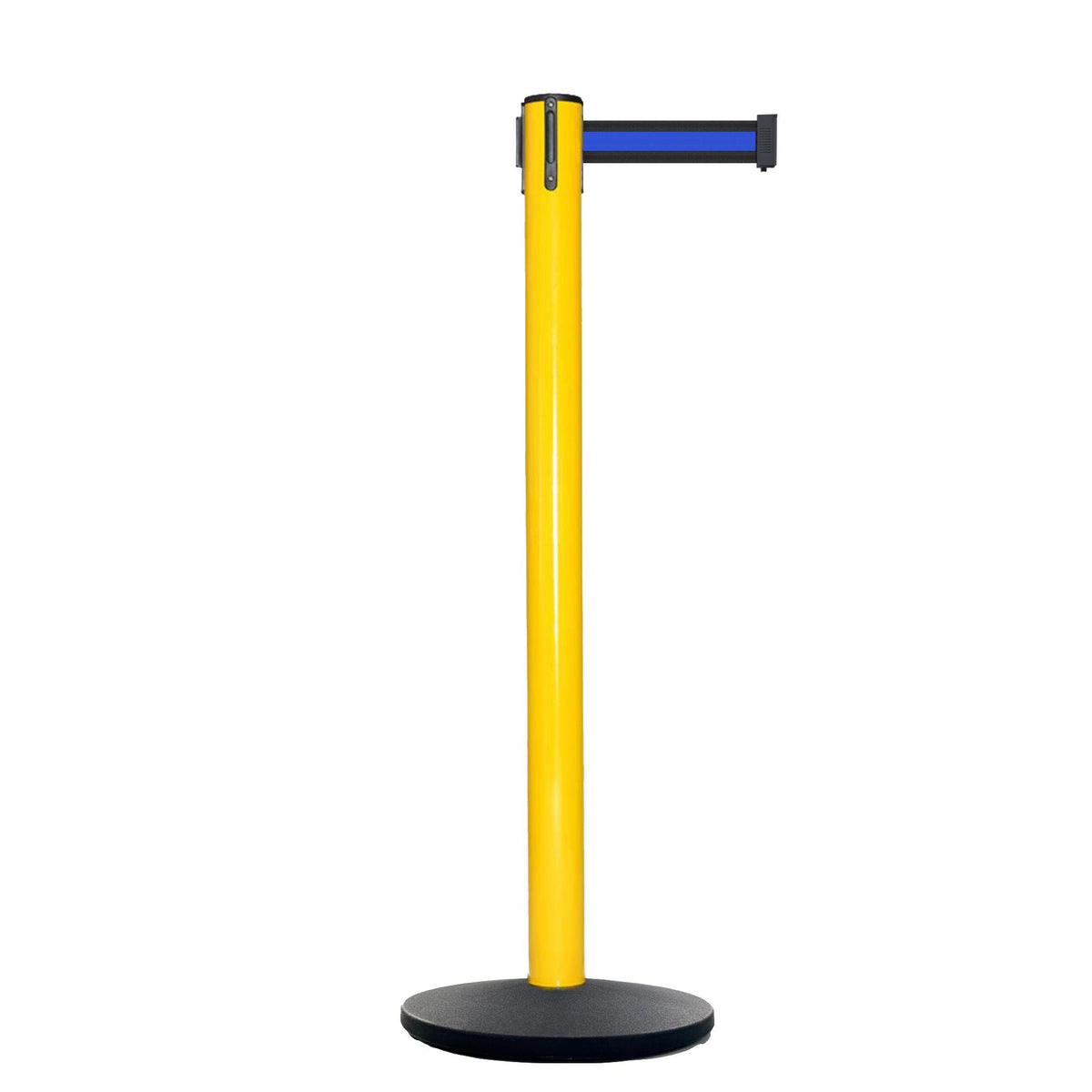 Retractable Belt Barrier Stanchion, Yellow Post, Cast Iron Base, 10.5 Ft. Belt - Montour Line MI630 - Crowd Control Warehouse