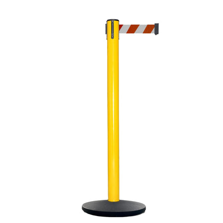 Retractable Belt Barrier Stanchion, Yellow Post, Cast Iron Base, 10.5 Ft. Belt - Montour Line MI630 - Crowd Control Warehouse