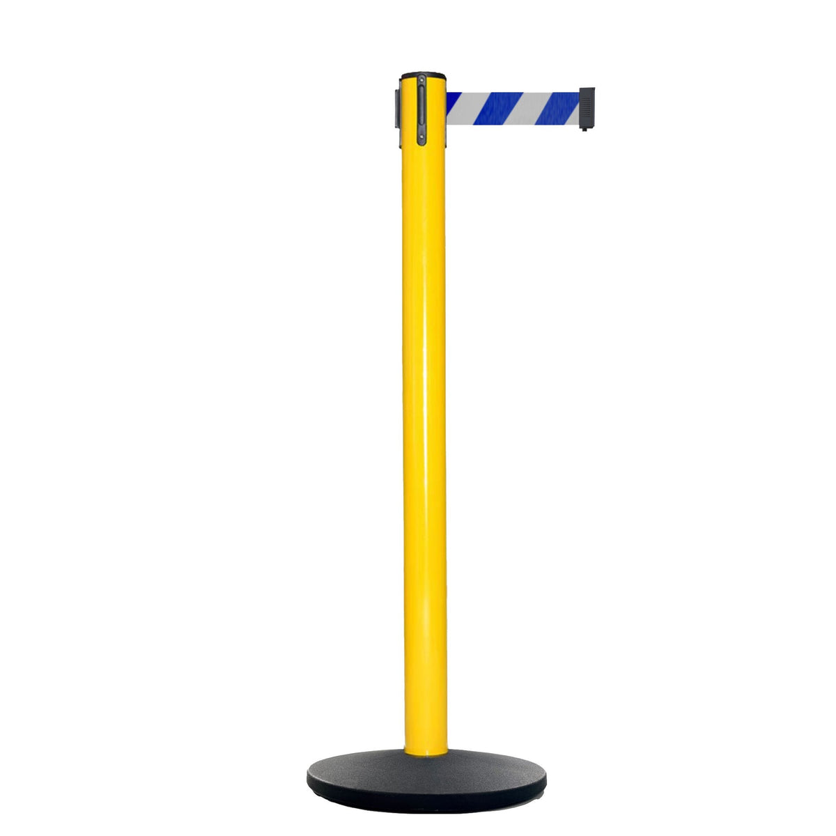 Retractable Belt Barrier Stanchion, Yellow Post, Cast Iron Base, 10.5 Ft. Belt - Montour Line MI630 - Crowd Control Warehouse