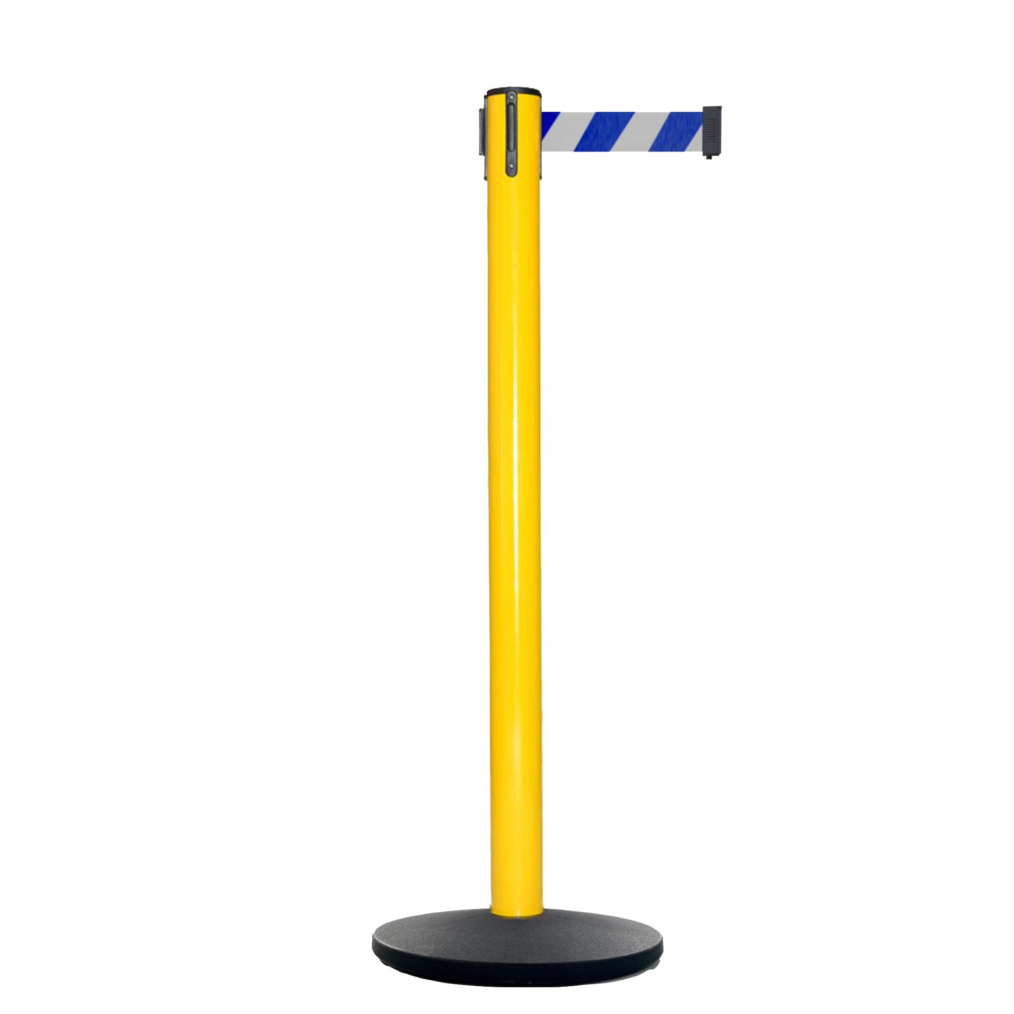 Retractable Belt Barrier Stanchion, Yellow Post, Cast Iron Base, 10.5 Ft. Belt - Montour Line MI630 - Crowd Control Warehouse